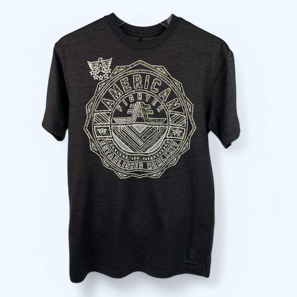 American Fighter Inland T-Shirt Men's Medium Black Green Fleck Print